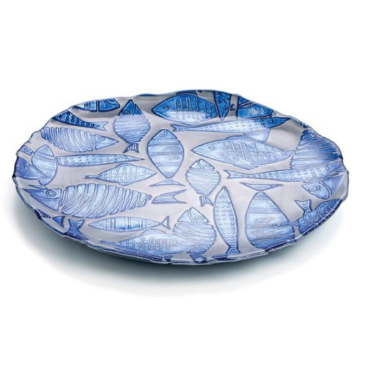 Plato redondo de vidrio de color azul con relieve peces de Ø32 cm colección Relieve Peces
