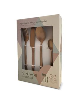 Cubertería Vintage Cobre - Pack 24 Unidades - con cuchillo, tenedor, cuchara y cuchara pequeña